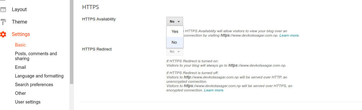 How to Enable HTTPS in Custom Domain? -- Image showing settings