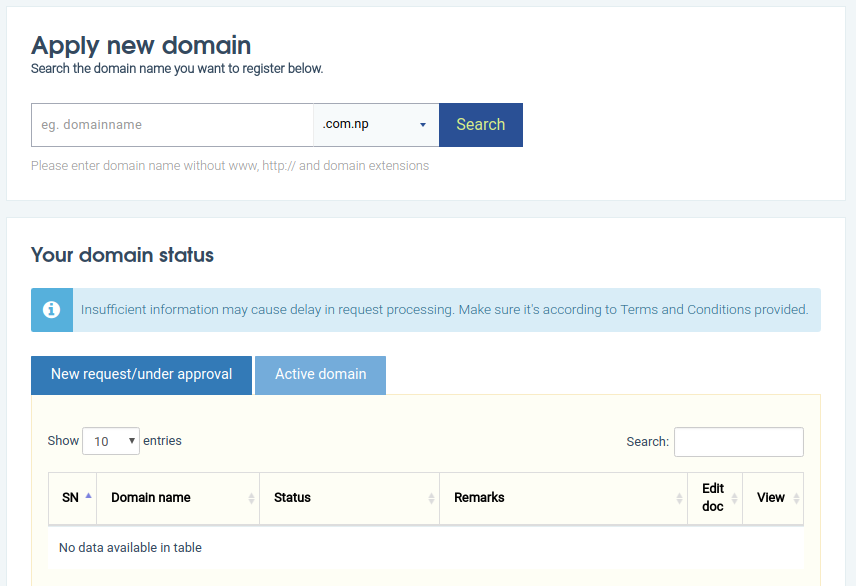 Image form .np Domain Registration in Nepal With Apply New and Domain Status Dashboard after successful login