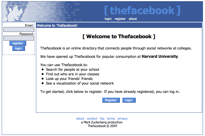 Original layout and name of Thefacebook, 2004.